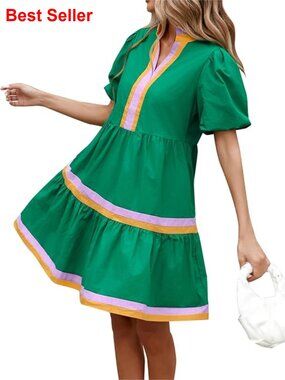 Cotton Puff Sleeve Babydoll Dress with V-Neck and Tiered Skirt